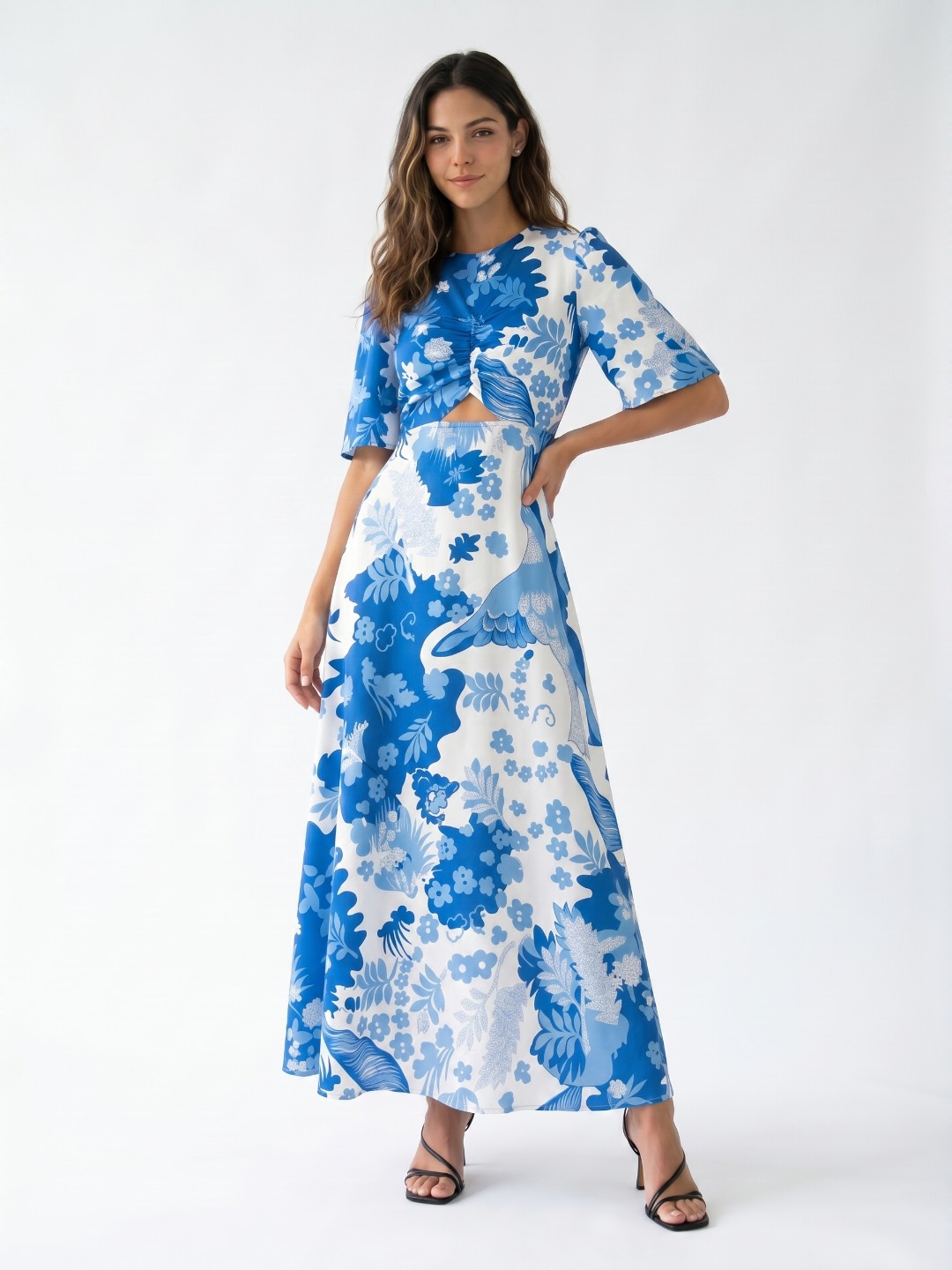 Women Blue & White Floral Printed Cut-Out Maxi Dress