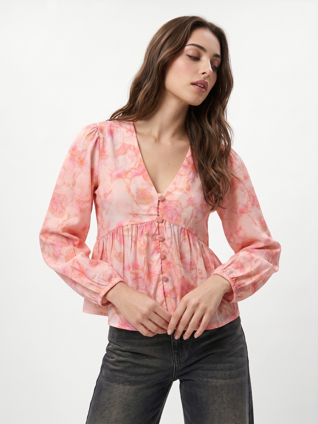 Women’s Pink Floral Print Peplum Top