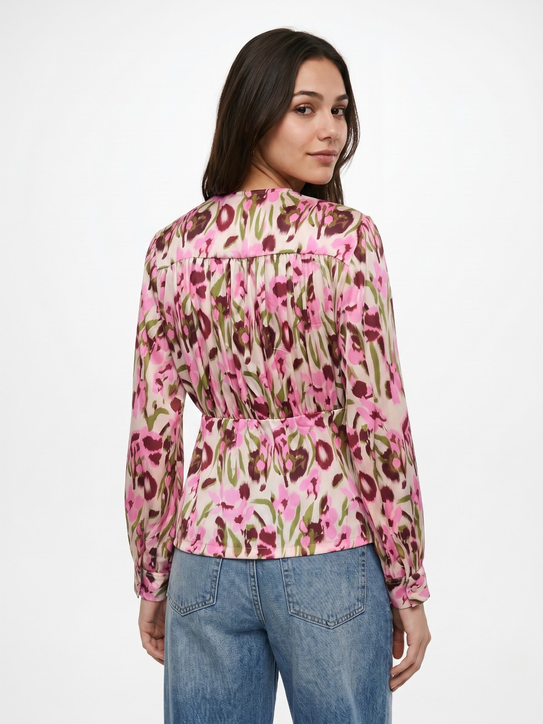 Women Pink Floral Print V-Neck Peplum Top - Image 2
