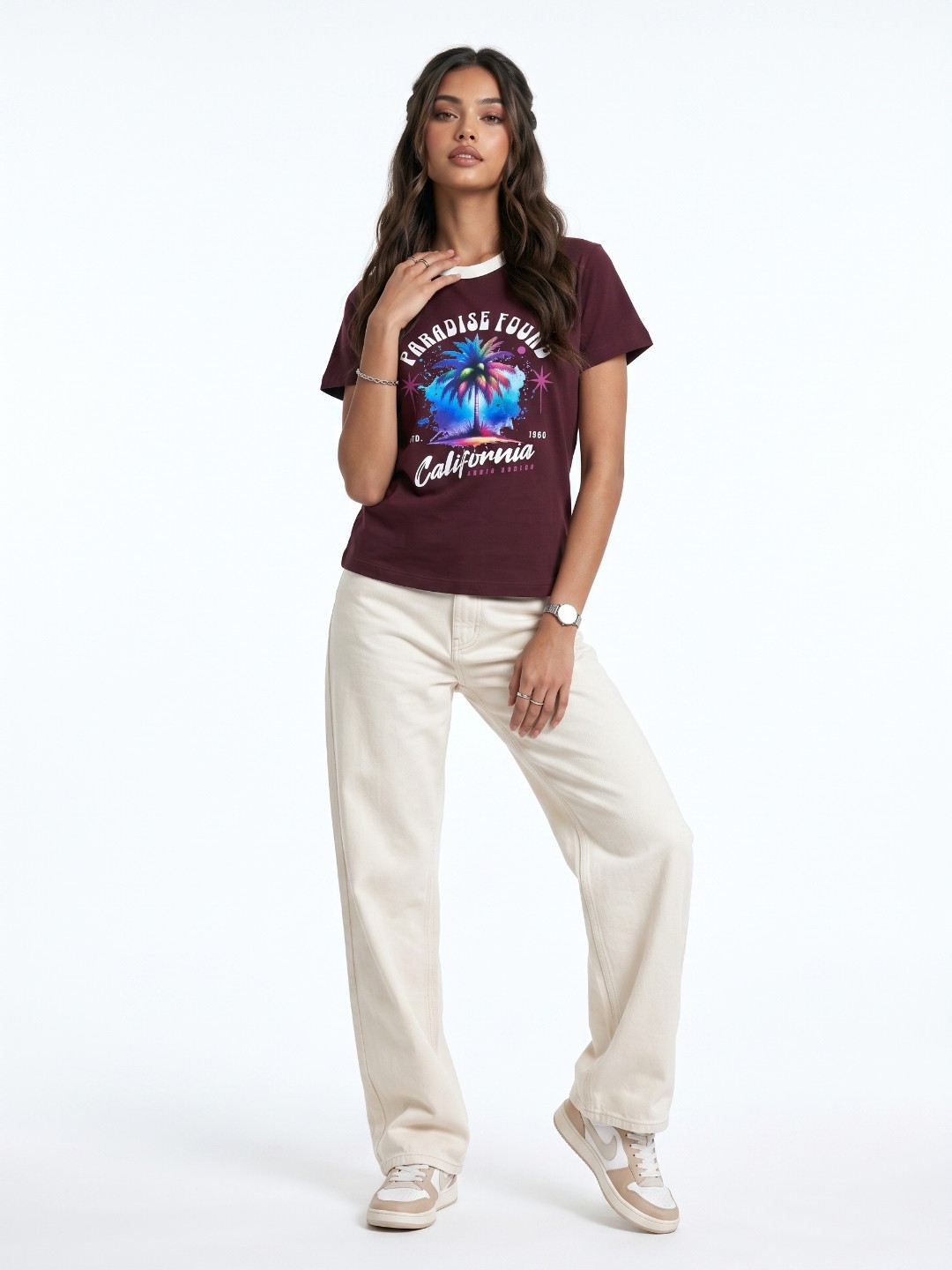 Women Maroon California Graphic Printed Round Neck T-Shirt - Image 3