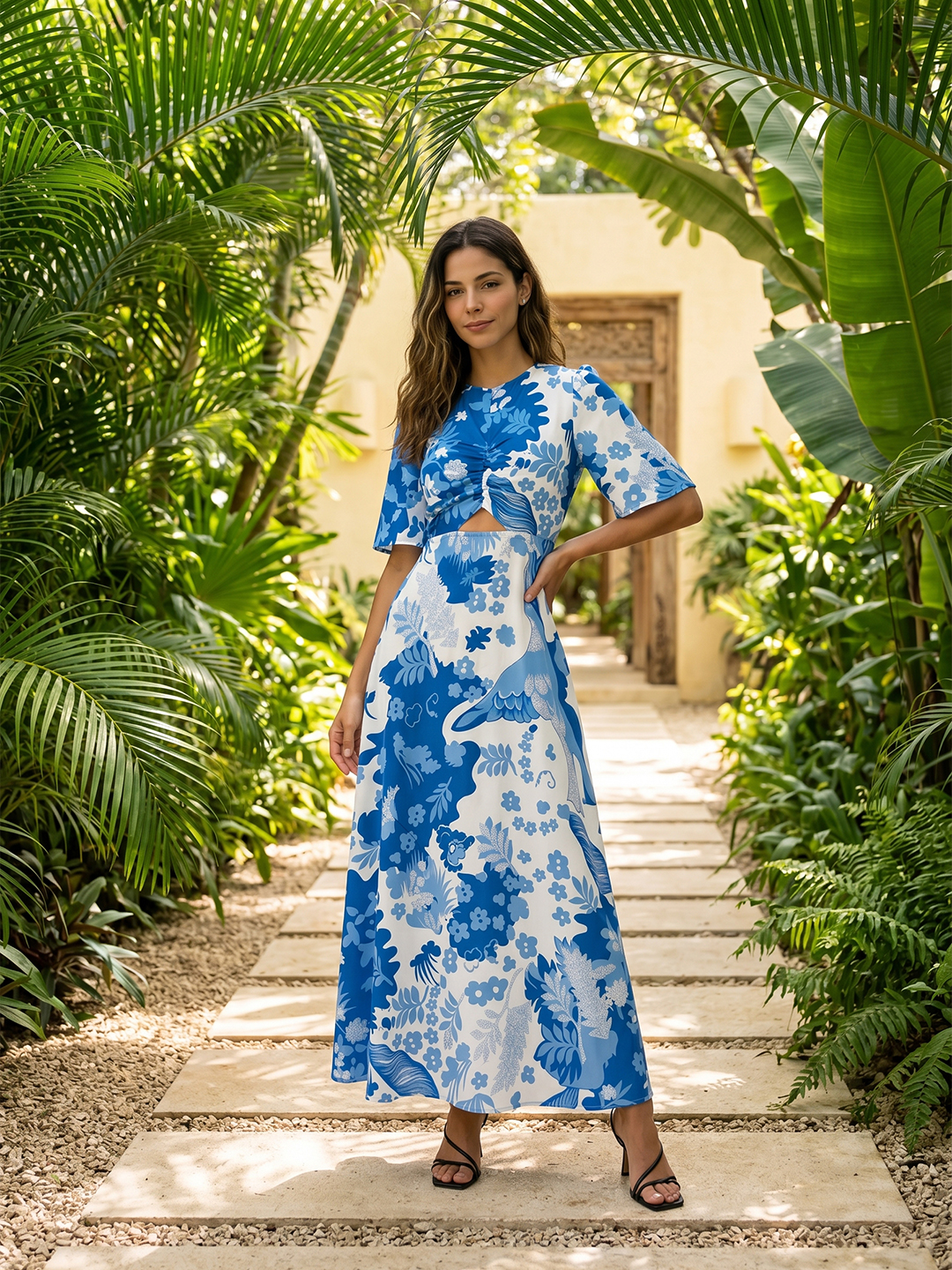 Women Blue & White Floral Printed Cut-Out Maxi Dress - Image 5