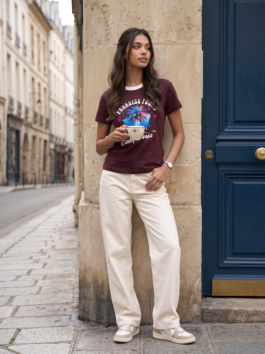 Women Maroon California Graphic Printed Round Neck T-Shirt - Image 5