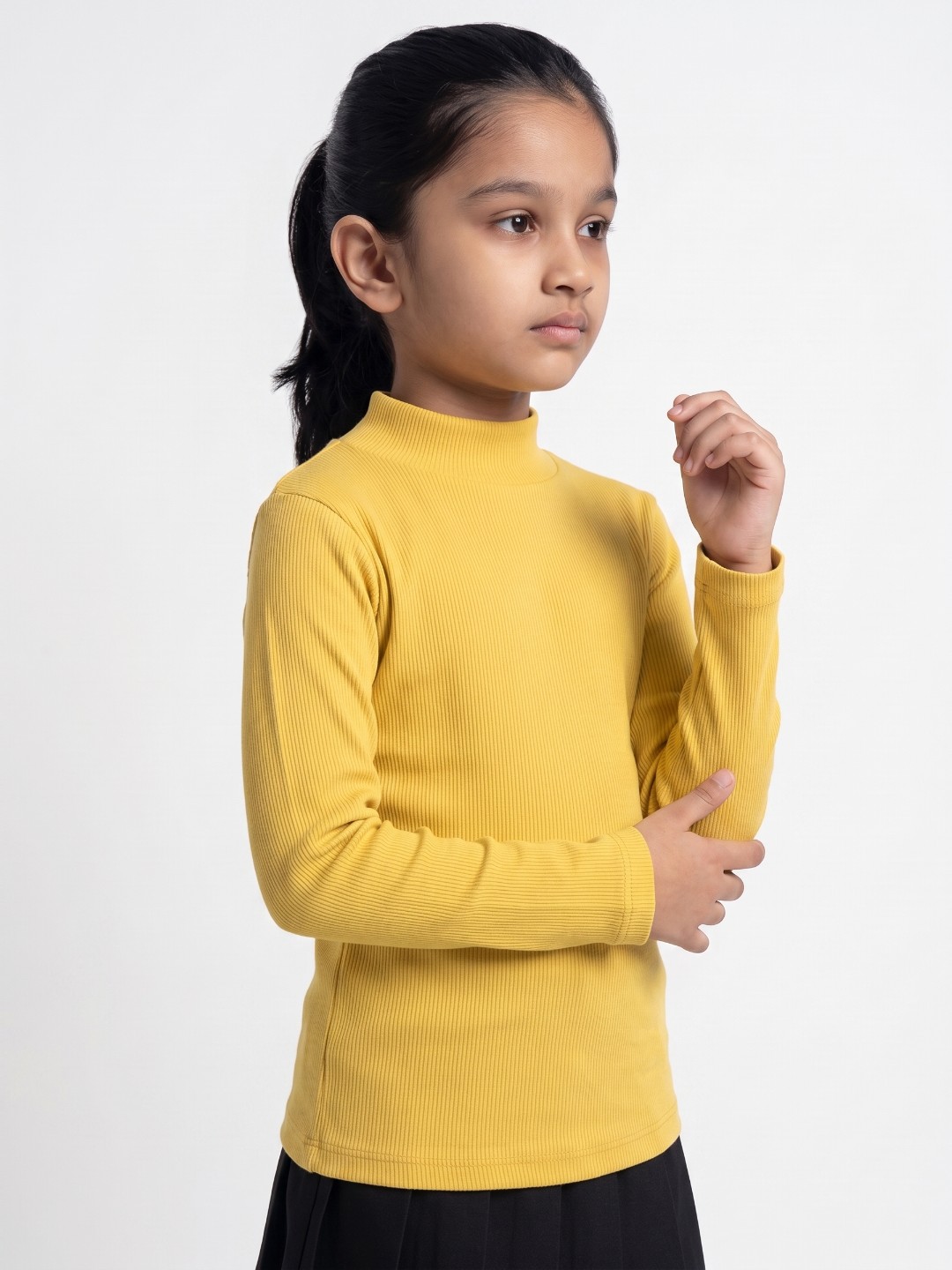 Kids Yellow Solid High Neck Full Sleeve Cotton T-Shirt - Image 2