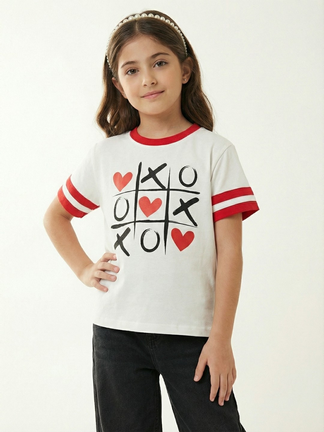White Cotton Graphic Print T-Shirt | Tic Tac Toe Heart Design