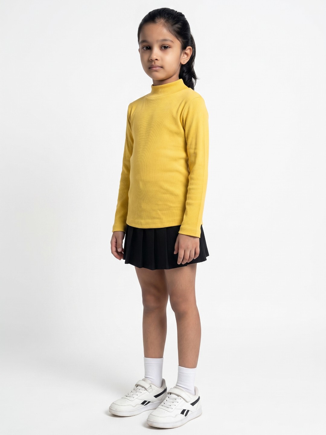 Kids Yellow Solid High Neck Full Sleeve Cotton T-Shirt - Image 3