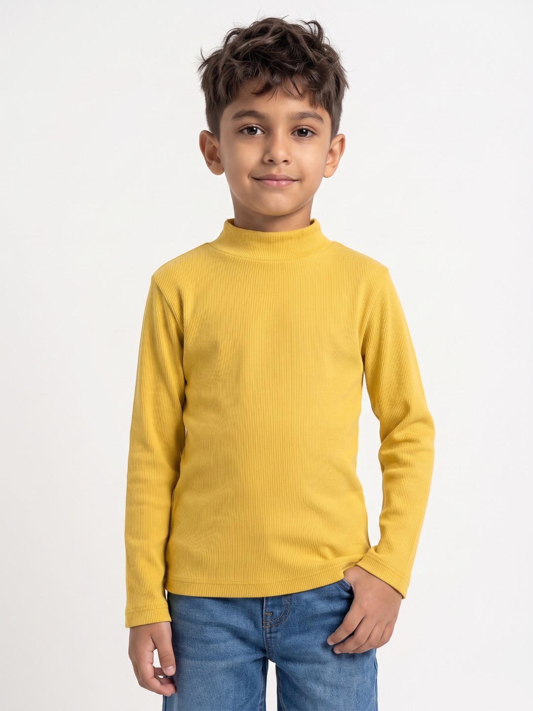 Kids Yellow Solid High Neck Full Sleeve Cotton T-Shirt