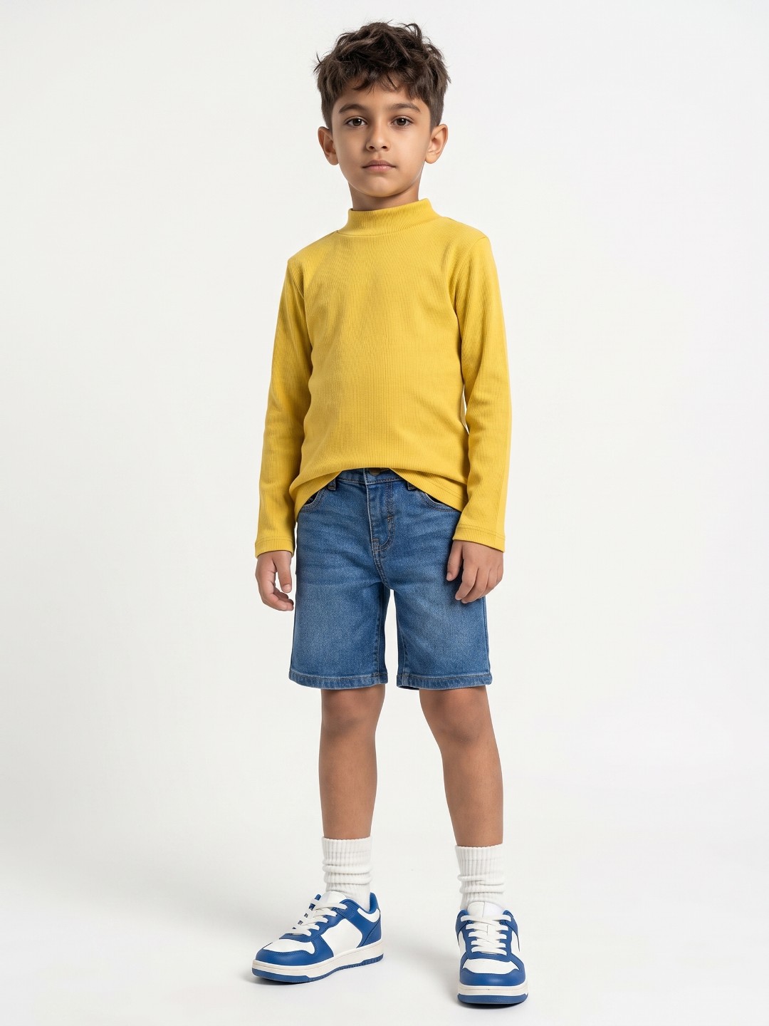 Kids Yellow Solid High Neck Full Sleeve Cotton T-Shirt - Image 4